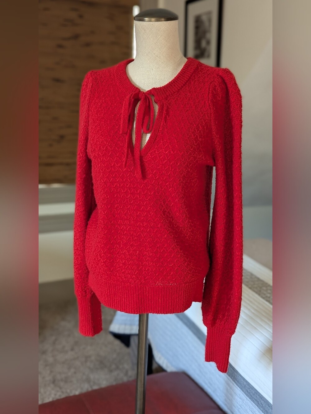 Red Tie-Neck Textured Women's Sweater